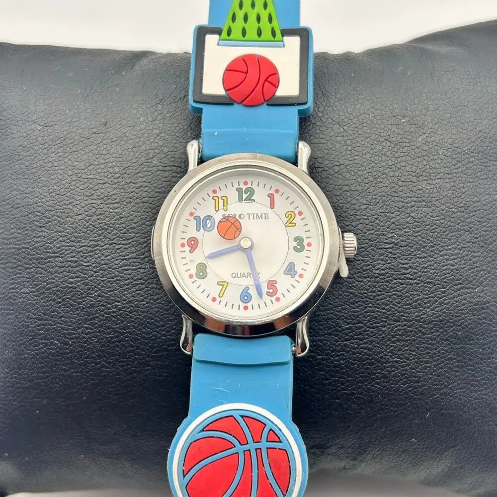 SOLO TIME Silver Tone Basket Ball Sports Blue Silicon 27mm Kids Watch